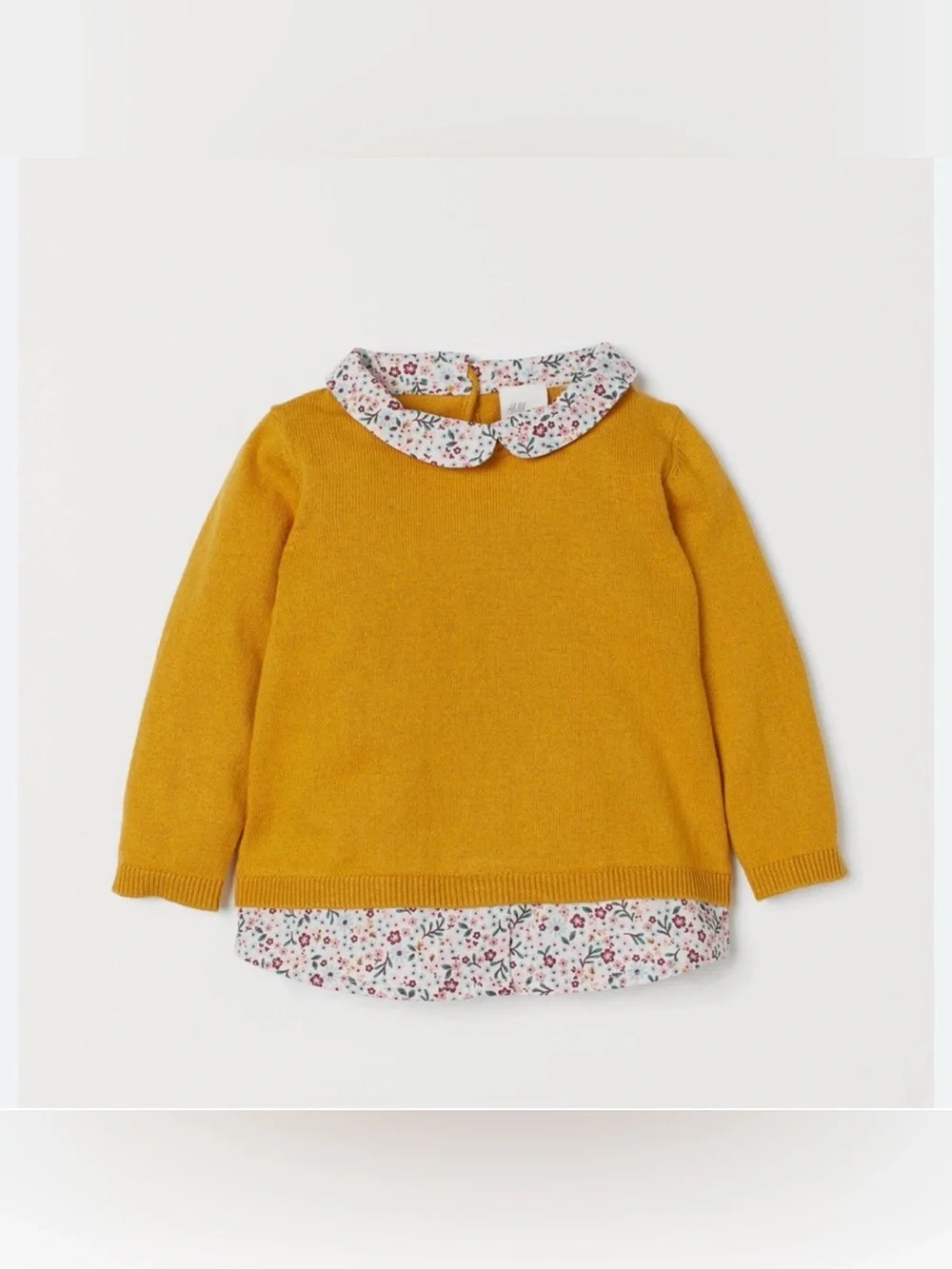 H&M Layered Mustard Sweater with Floral Collar and Shirt Detail